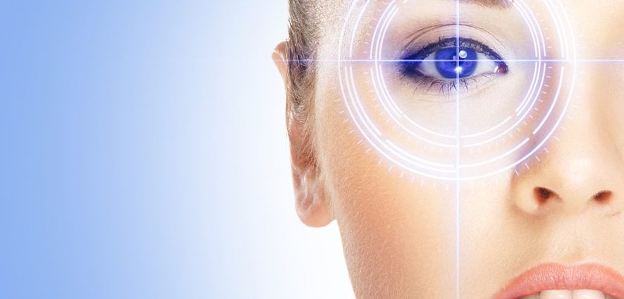 close up illustration of a woman's face with her eye targeted for laser eye treatment