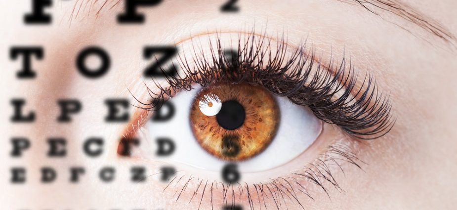 close up concept image of an eye with an eye chart layered on top